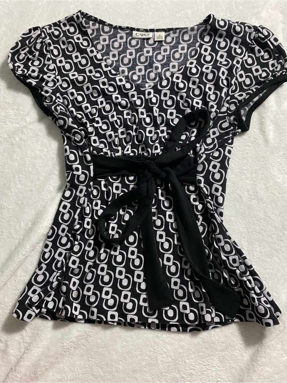 Cato Black & White Geometric Tie-Waist Top